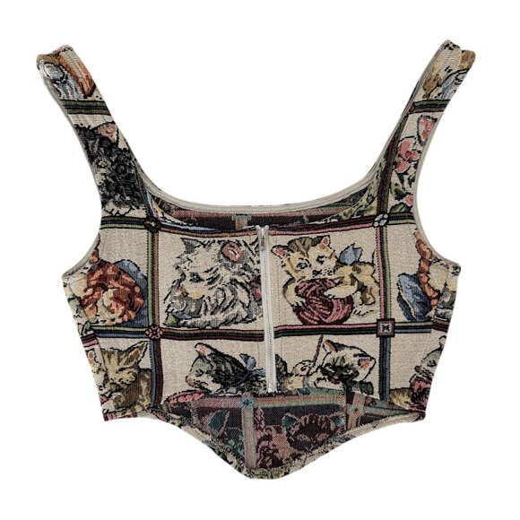 Cider Vintage-Inspired Cat Tapestry Corset Crop Top (XS) - Picture 6 of 11
